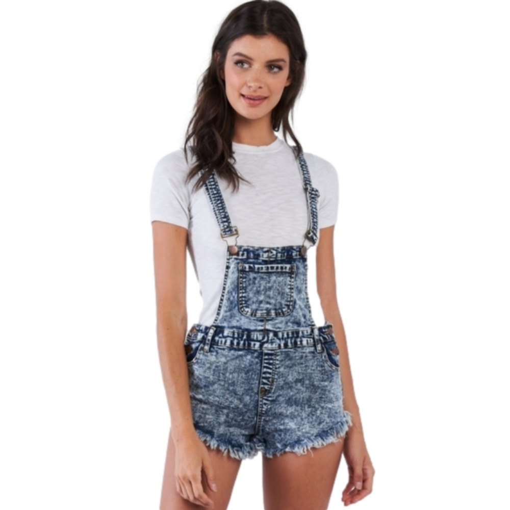 Denim Acid Washed Overall Fringe Short